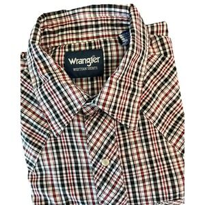 Wrangler Men's Snap Shirt L‎ Red Black White Plaid Long Sleeve Western Cowboy